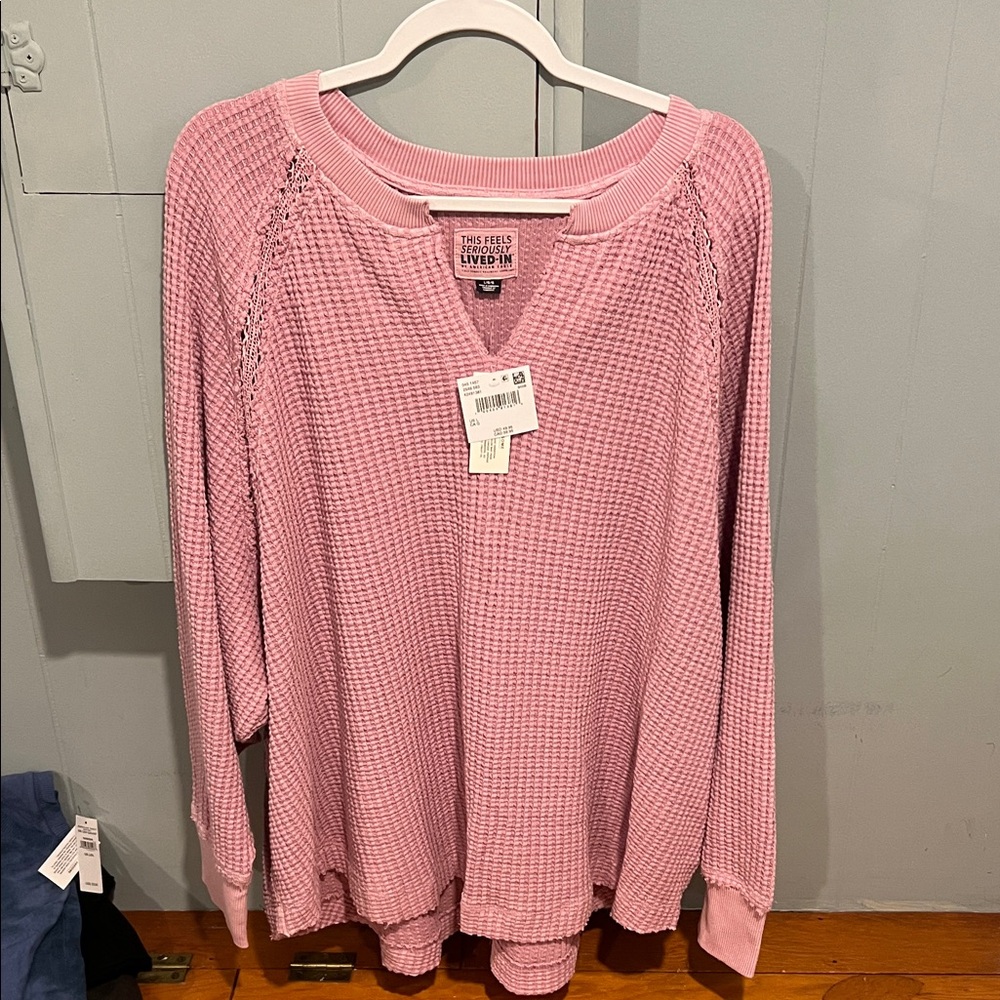 American Eagle Outfitters Pink Waffle Knit Pullover Sweatshirt